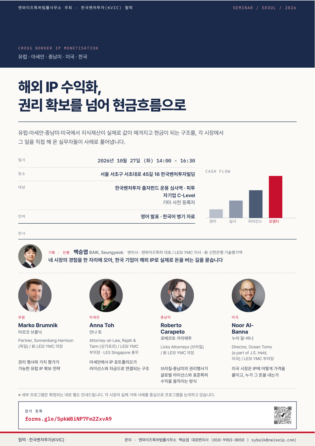 해외 IP 수익화 세미나 포스터: 일시, 장소, 연사와 참석 등록 정보