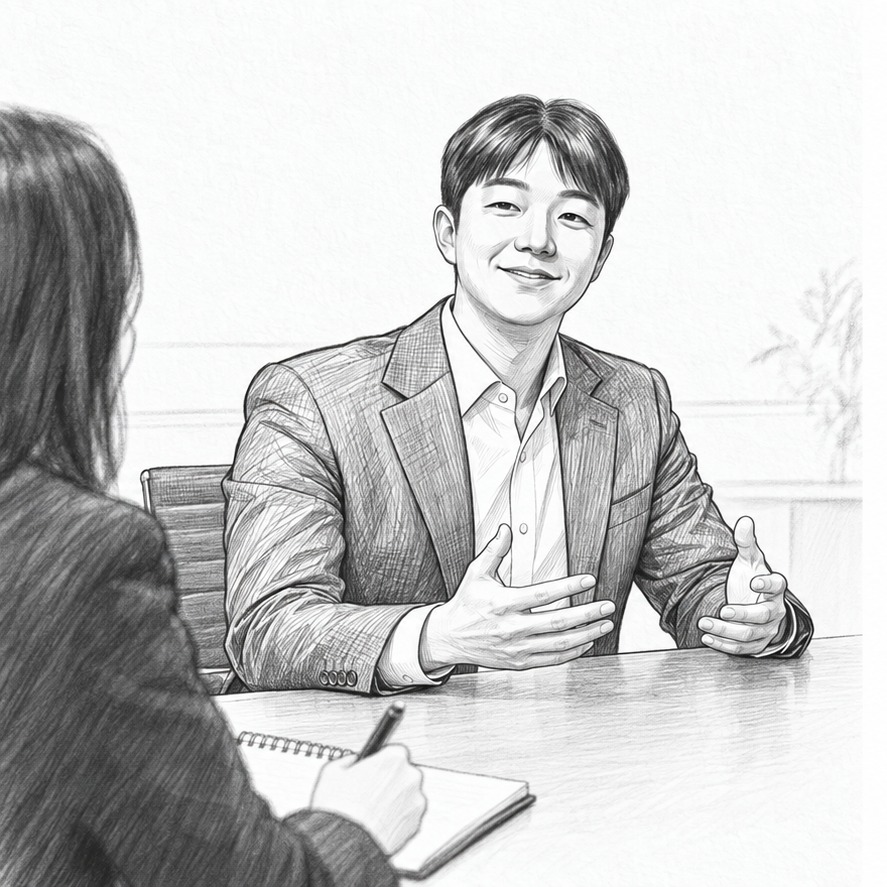 테이블에 앉아 이야기를 나누는 백승엽 변리사의 스케치 일러스트