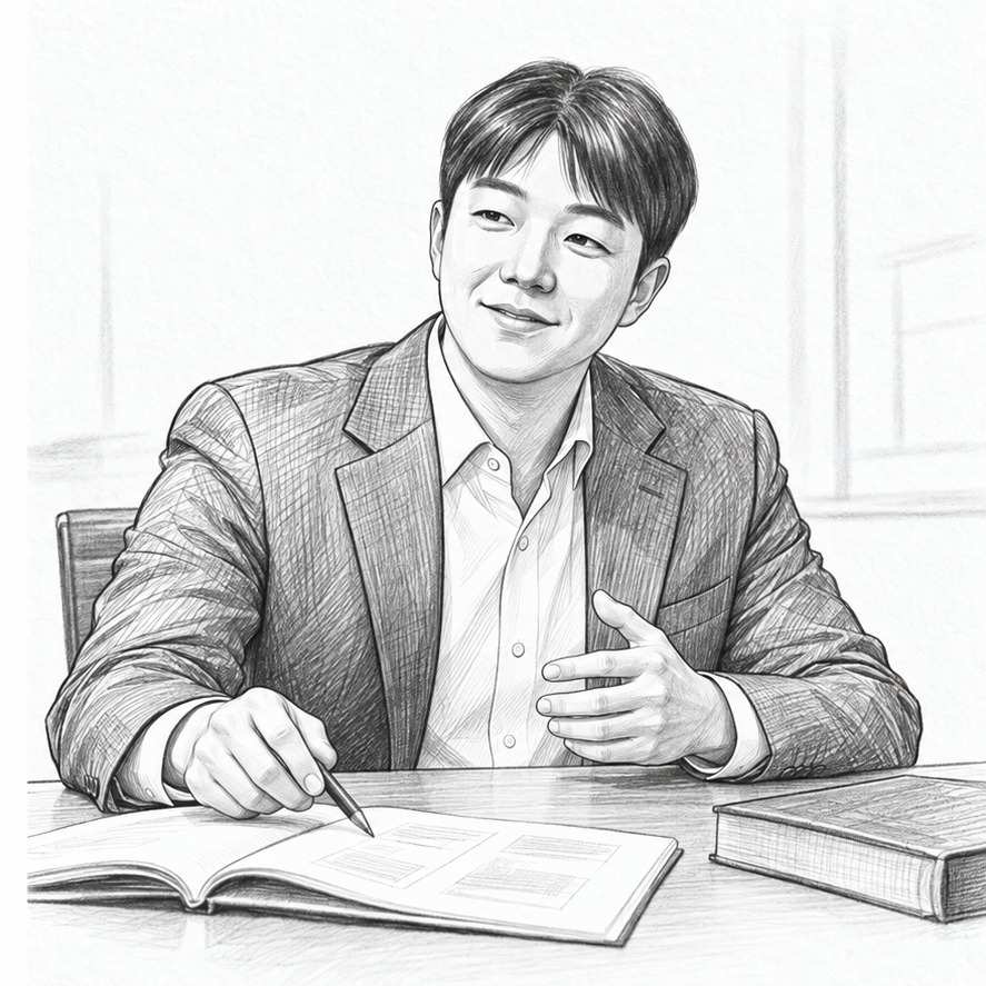 자료를 짚으며 자신의 생각을 설명하는 백승엽 변리사의 스케치 일러스트